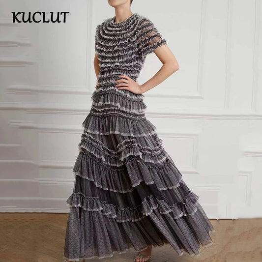 KUCLUT Fashion Women's Multi Layer Mesh Patchwork Dress Elegant Heavy Industry Evening Party Ruffled Short Sleeve Dresses YZJ28