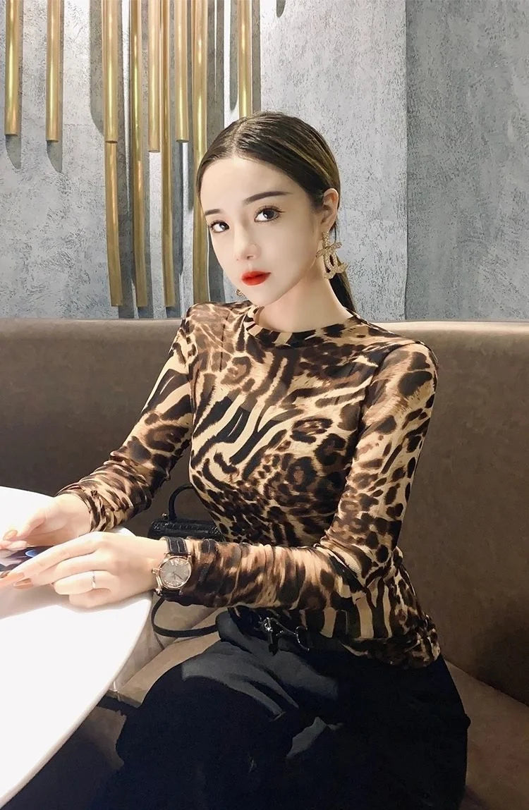 Top Female Mesh Leopard Print Women's Long Sleeve T-shirt Mature Spring Autumn Sexy Korean Reviews Many Clothes Japanese Vintage