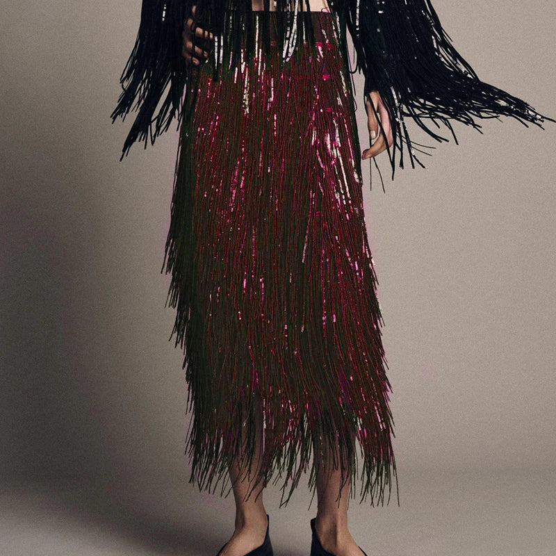 Fashion Lapel Button Shirt & Fringed Skirt Set Women Casual Long Sleeve Party Skirt Outfits Elegant Sequined Long Skirt 2Pc Suit