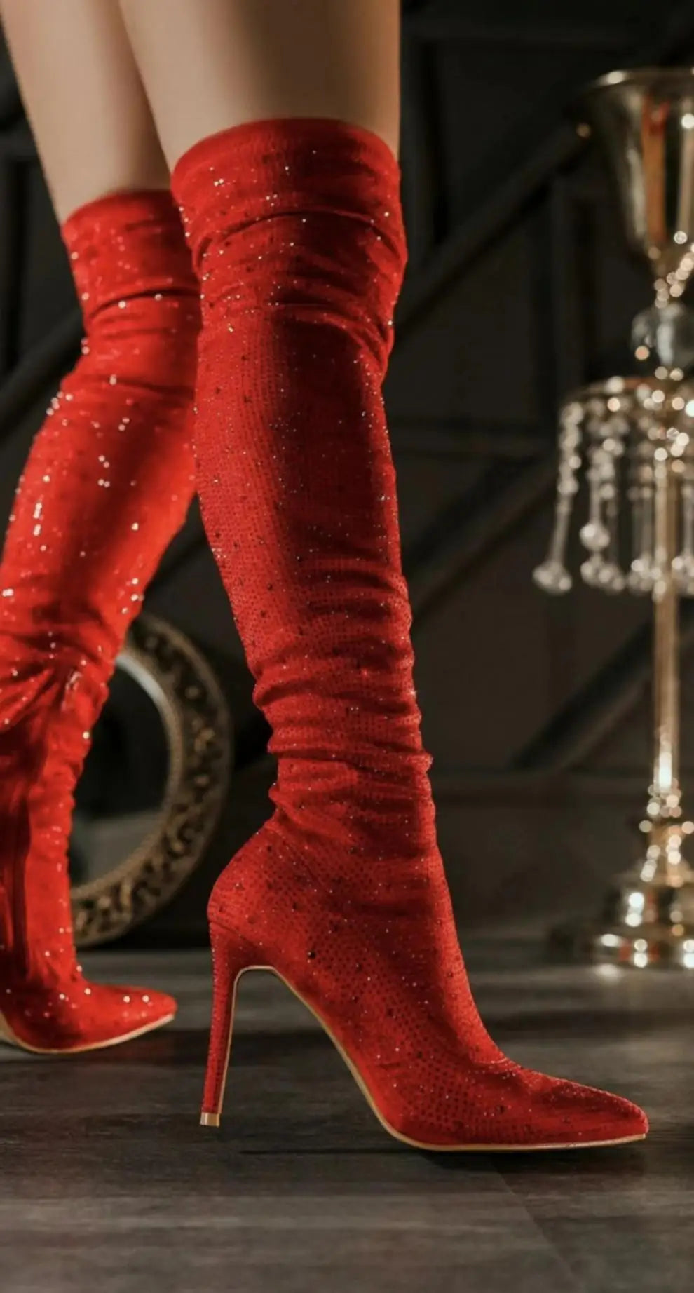 Stylish Suede Over The Knee Rhinestone Pointed Toe High Heel Boots for Women