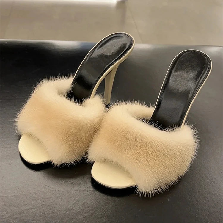 Fur Trim Open Toe Stiletto Party Sandals for Women