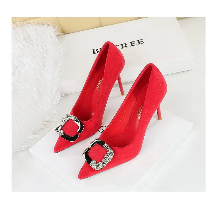 Elegant Rhinestone Buckle Suede High Heel Pumps for Women