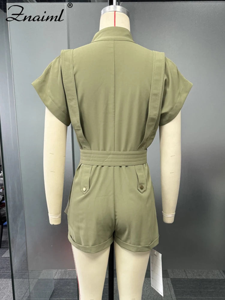 Znaiml Summer Wide Leg Pants Playsuits Rompers with Belt Women Jumpsuit Shorts Black Short Sleeve Elegant One Pieces Overslls