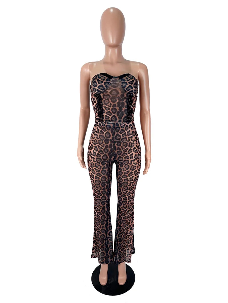 Leopard Sheer Club Outfit Strapless Top Two Piece Set for Women