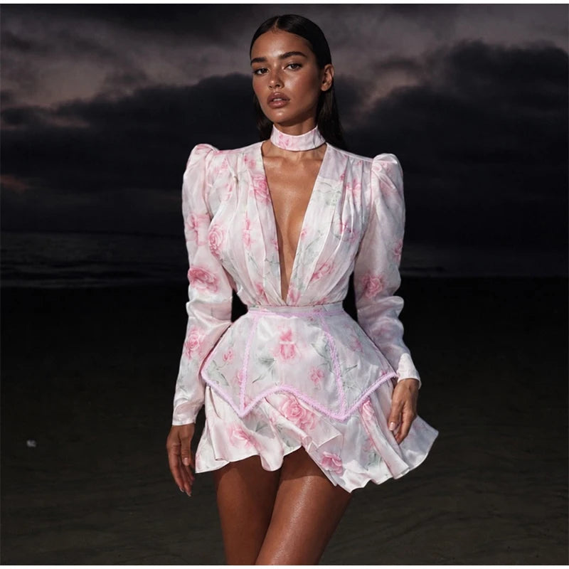 Floral Ruffle Mini Skirt Set With Lace Trim Top For Women