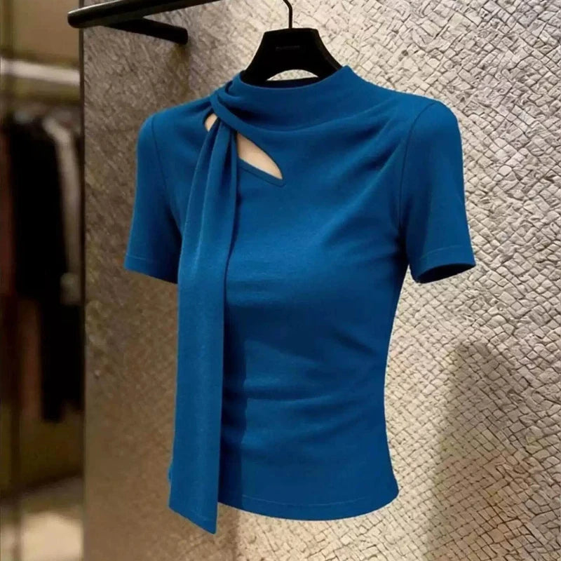Elegant Hollow Out Slim Fit Short Sleeve Tee For Women
