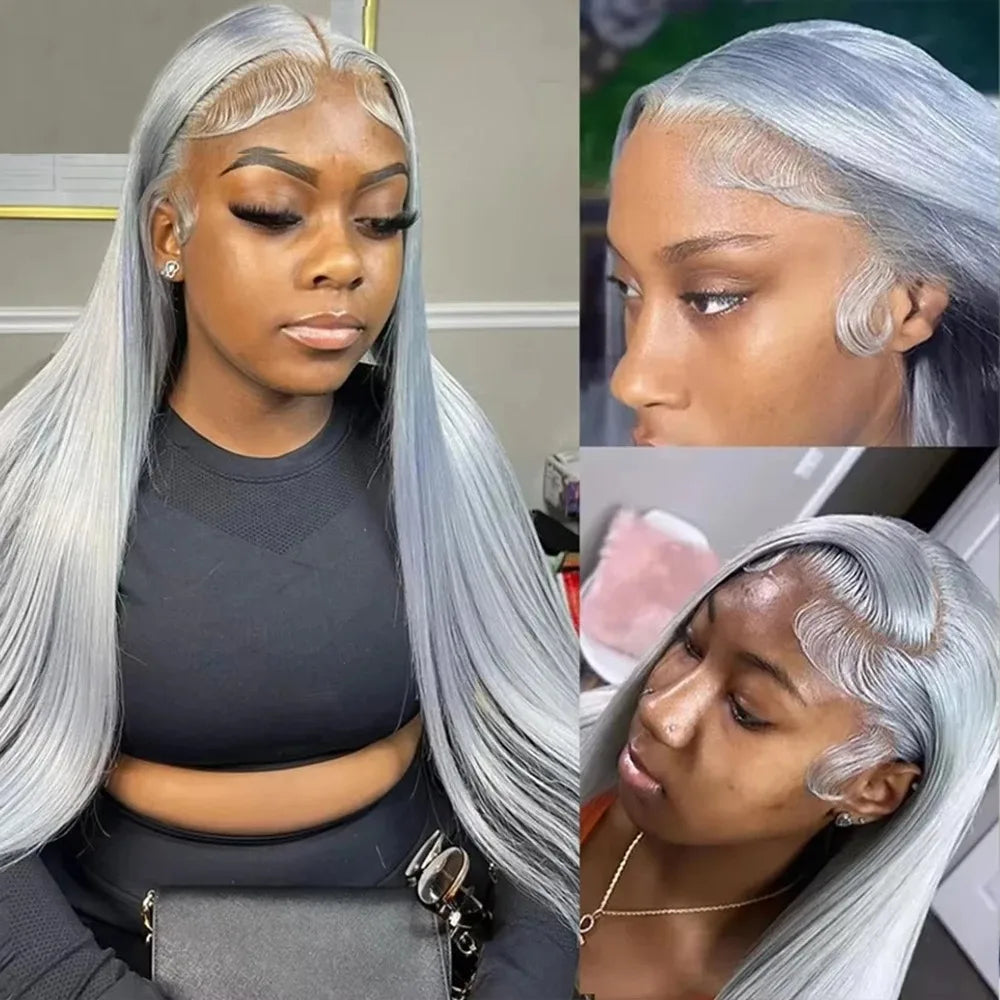 Grey Straight Lace Front Wig With Preplucked Hair for Women
