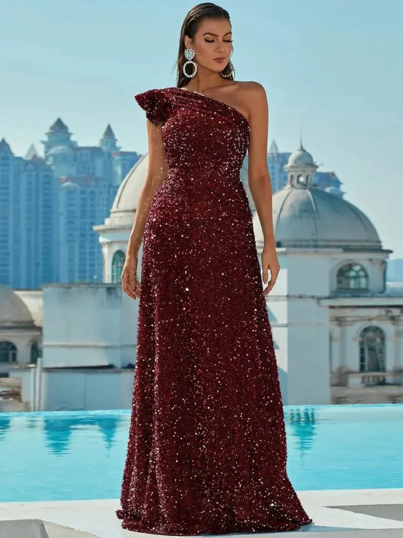 Missord Grey Sequin Wedding Party Dress Elegant Women One Shoulder Sleeveless Ruffles A-line Prom Evening Dresses Long Gown