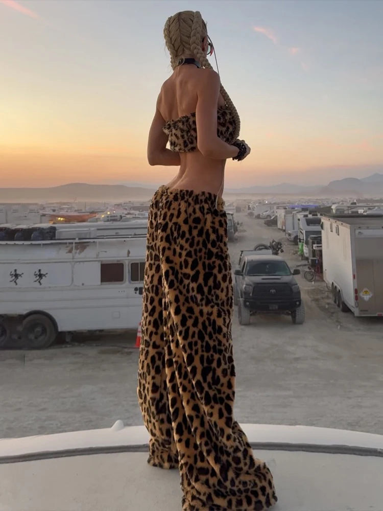 Leopard Print Furry Streetwear Two Piece Set for Women