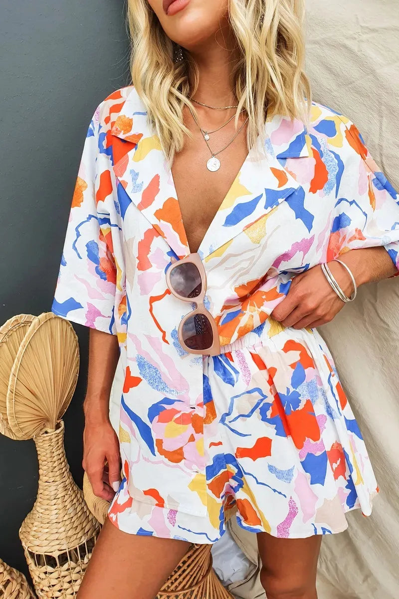 Summer Women Retro Print Short Sleeve 2PCS Loose Suits Casual V-Neck Shirt Top Elastic Waist Short Pants Sets Beachwear