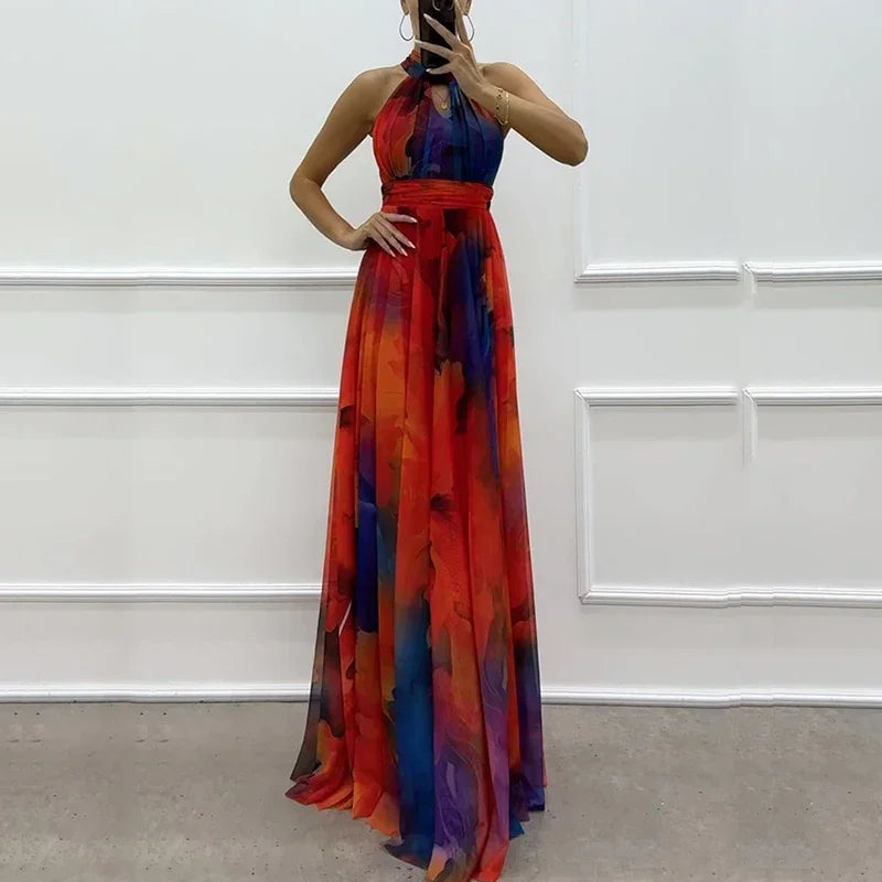 Elegant Lace Up Pleated Boho Print Evening Dress for Women