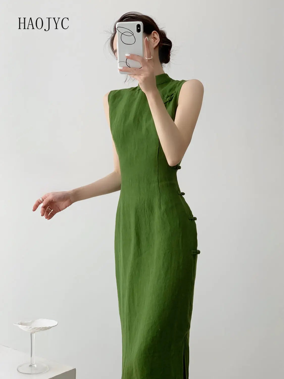 Moss Green Retro Chinese Style Cheongsam Dress for Women