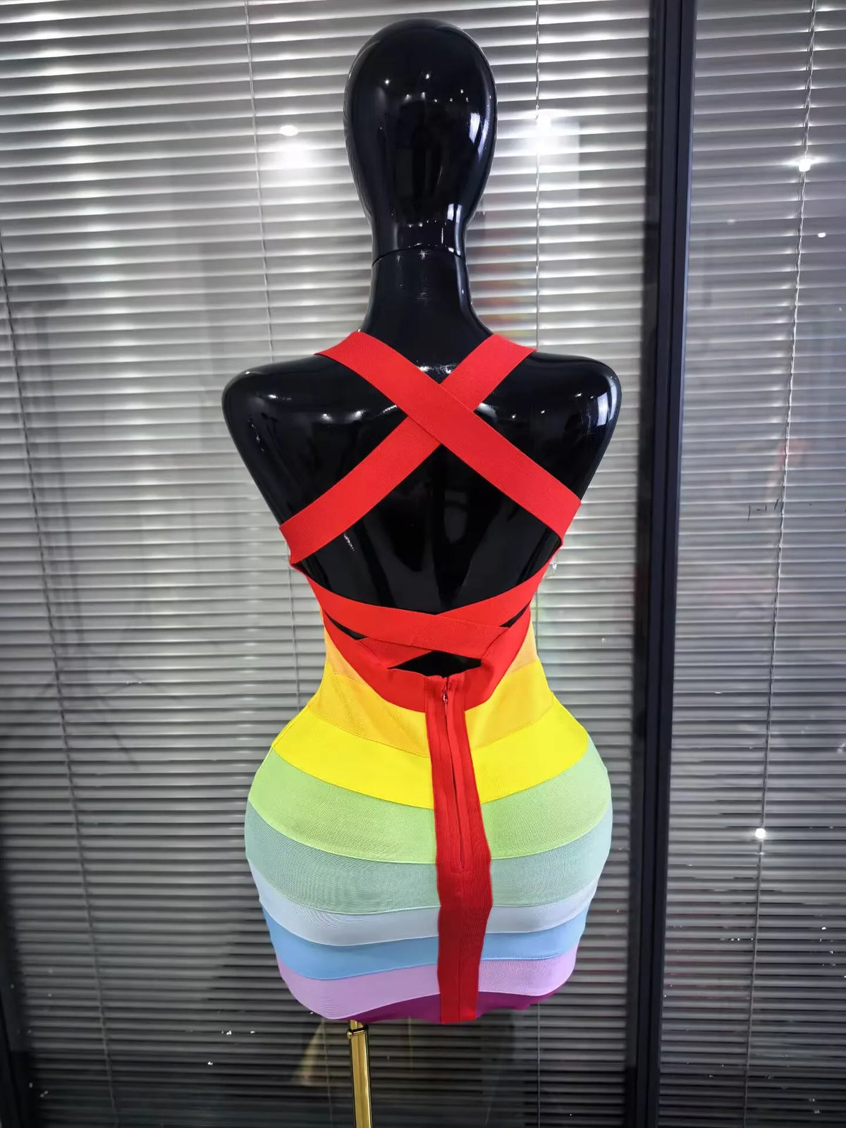 Rainbow Color Women Sexy Halter Backless Bodycon Mini Bandage Dress Nightclub Party Celebrate Fashion Birthday Clothing
