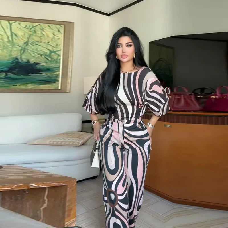 Geometric Print Top pant suits Women two pieces set round neck long sleeve Blouse loose pant Vacation Beach vacation pant outfit