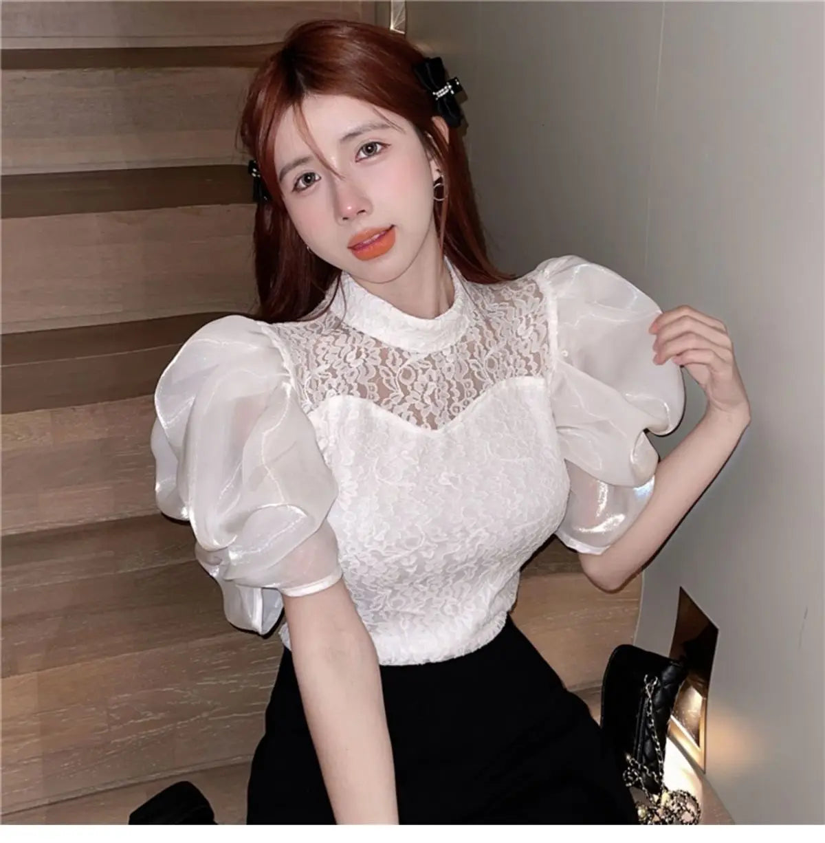 Korean V-Neck Bubble Sleeve Irregular Pleated Top for Women