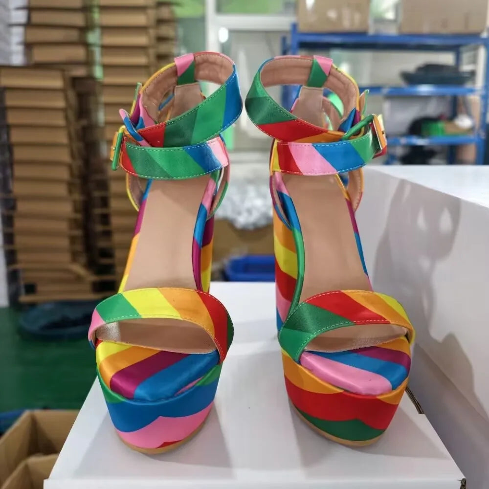 Rainbow Satin Buckle Heel Sandals