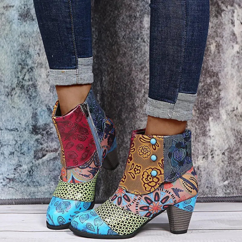 Vintage Printed Leather Zippered Ankle Boots for Women