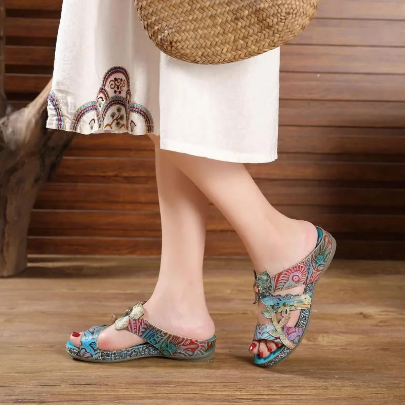 Hand Painted Genuine Leather Outdoor Summer Slides for Women