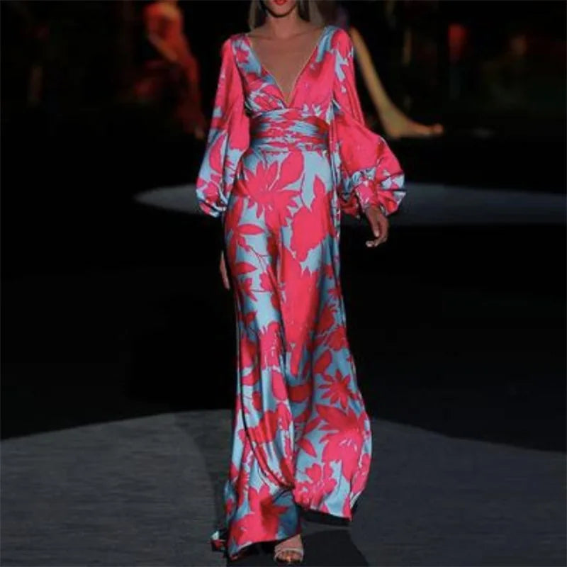 Printed Dress For Women V-neck Sexy High Waist Lantern Sleeve Ladies Fashionable Vestidos Autumn New Long Evening Dresses