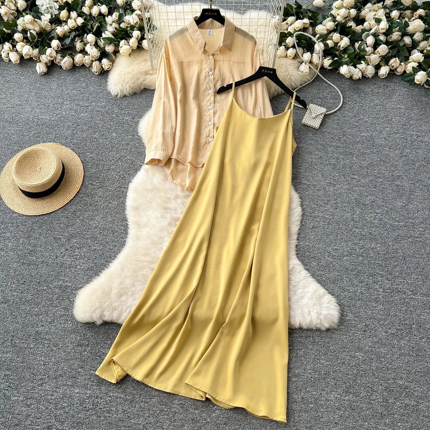 Elegant Long Sleeve Turn Down Collar Solid Color Two Piece Set for Women