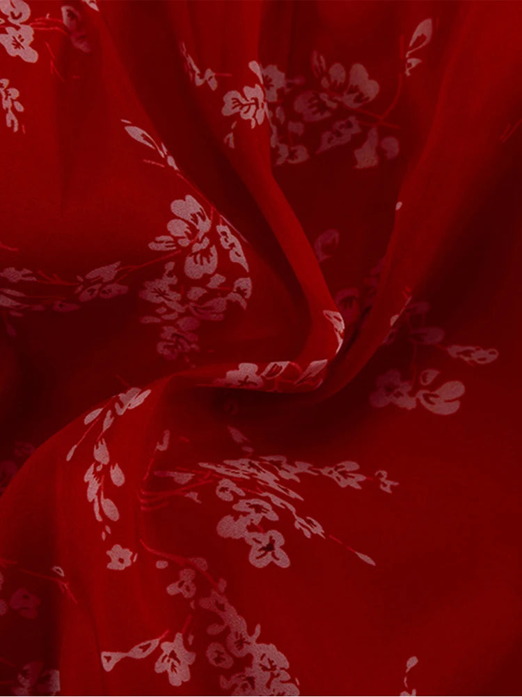 Red Print Butterfly Sleeve Hollow Out Skirt Set for Women