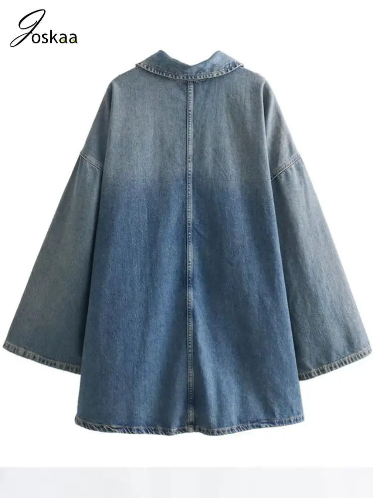 Joskaa Fashion Blue Denim Dress Women Hipster Lapel Zipper Pocket Full Sleeve Loose Mini Dresses 2025 Spring Vintage Streetwear