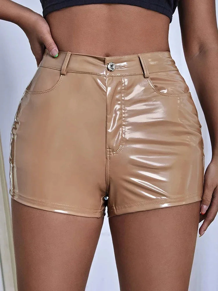 High Waist Shiny Faux Leather Shorts With Side Pockets For Women