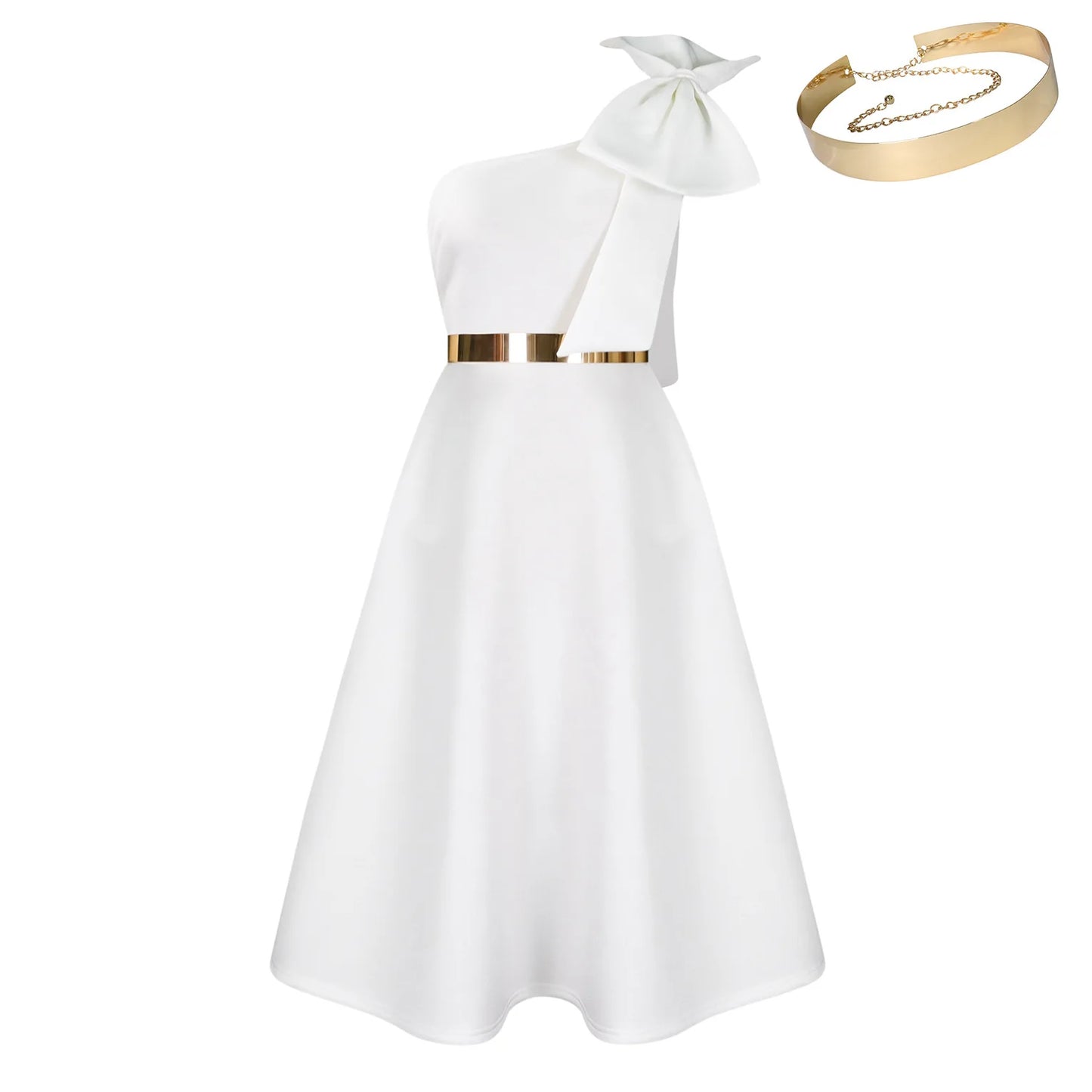 Dress One Shoulder A Line Pleated Knee Length Sleeveless Bow Belt Elegant Party Style