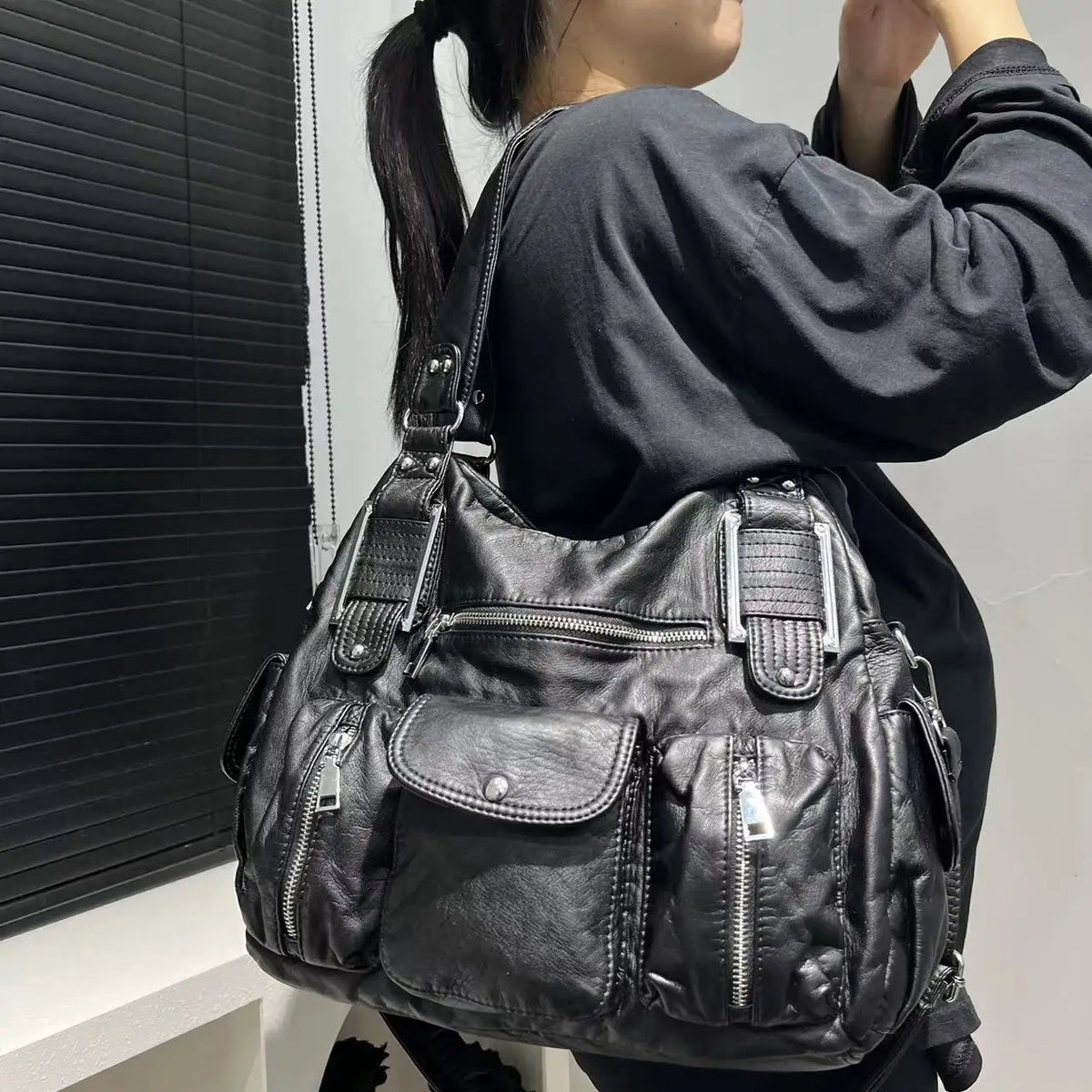 Y2K Multi-Pocket Motorcycle Shoulder Bag for Women