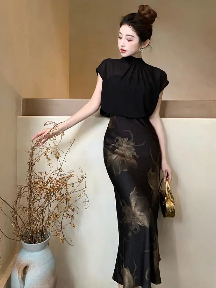 Chiffon Stand Collar Black Printed Three Piece Set for Women