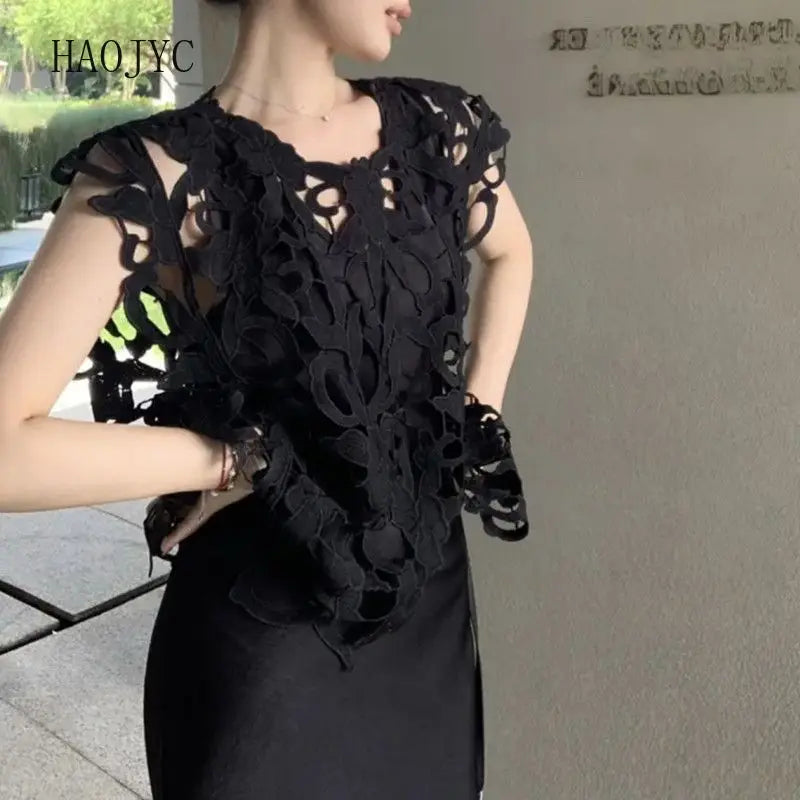Embroidered Lace Loose Sleeveless Blouse for Women
