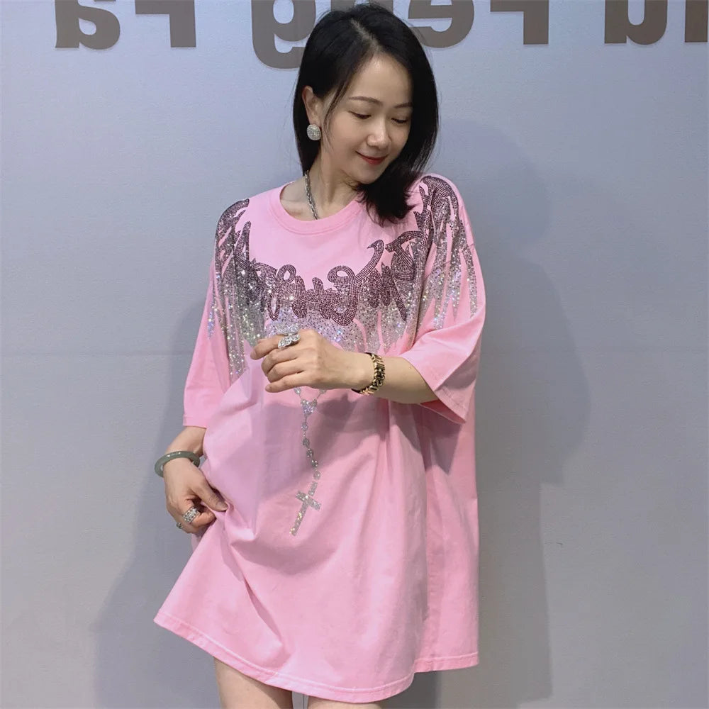 Streetwear New Spring Summer Women Short Sleeve T-shirt Hot Diamonds Wings Mid-long Oversize Pullover Trendy Couple Cotton Tees