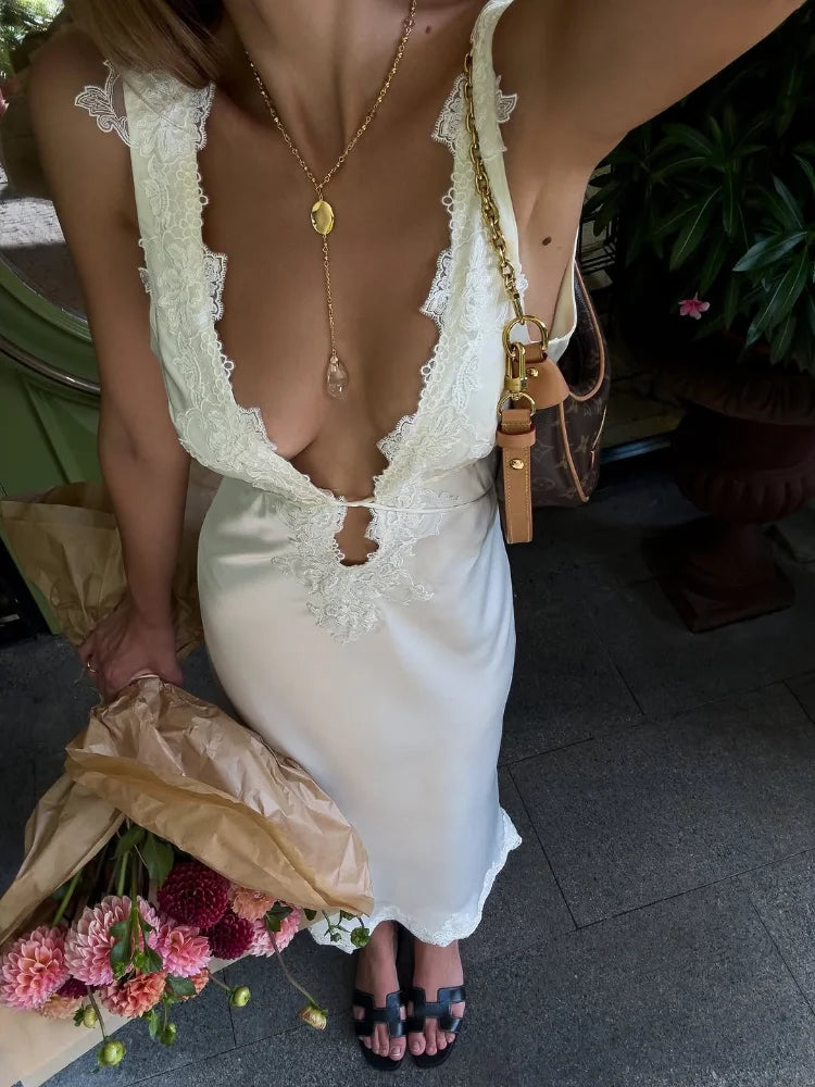 Sexy Deep V-neck Lace Patchwork Dress Women Solid Hollow-out Sleeveless High Waist Slim Maxi Dresses 2025 New Lady Party Robe