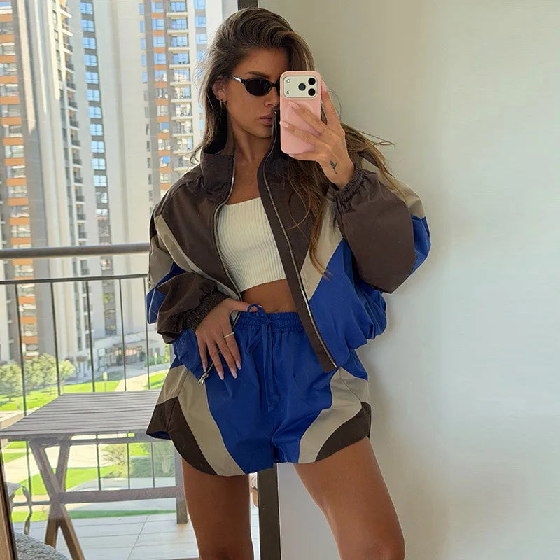 Contrast Color Zip Jacket and Shorts Two Piece Set for Women