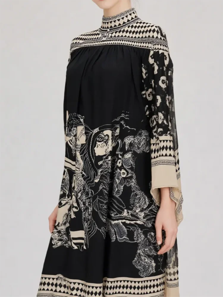 Retro Print Three Quarter Sleeve Midi Dress for Women