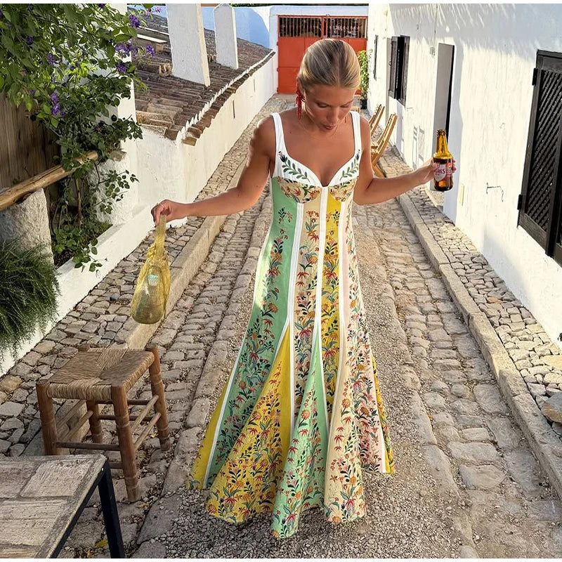 Sweetheart Neckline Floral Print Linen Blend Maxi Dress For Women
