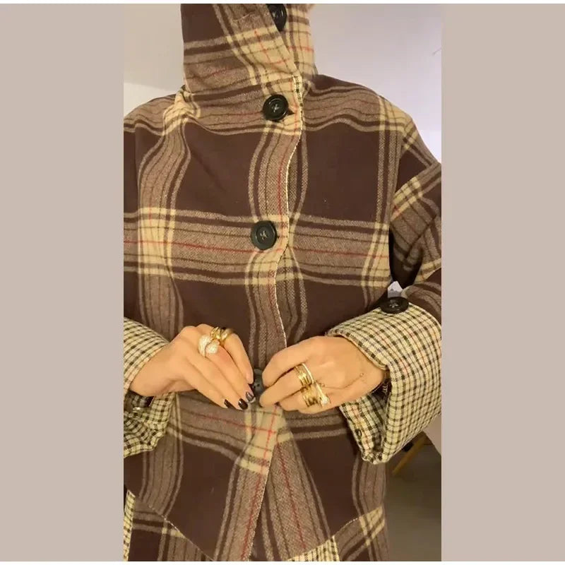 Elegant Chic Loose Fit Grid Coat and Skirt Set for Women