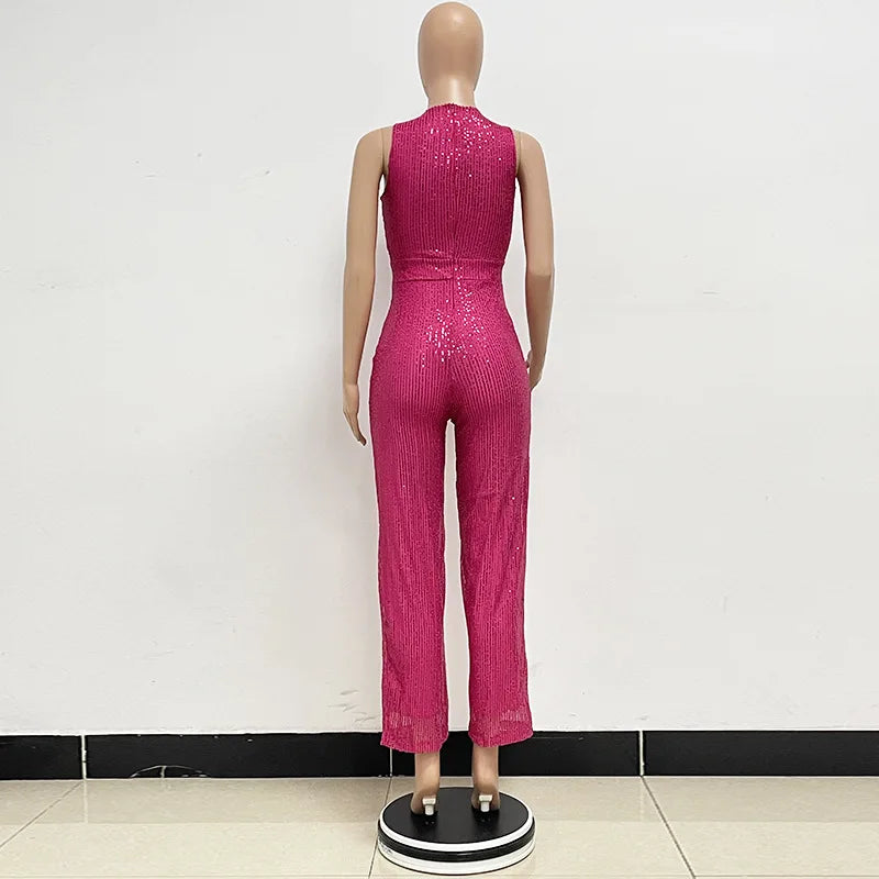 Elegant Silver Sequined Straight Cut Jumpsuit for Women