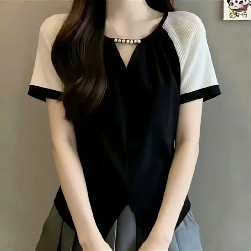 Contrast Patchwork Short Sleeve Casual Blouse For Women