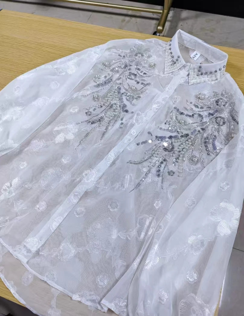 Elegant Embroidered Pearl Sequin Lantern Sleeve Blouse for Women
