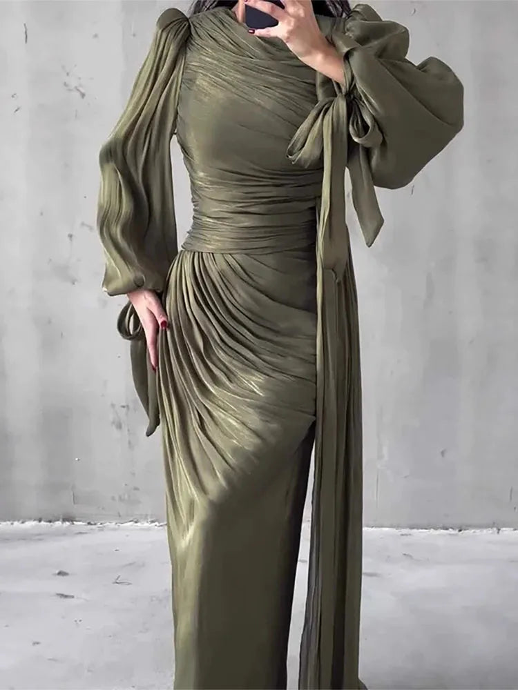 Lantern Sleeve Pleated Maxi With Lace Up O Neck Dress for Women