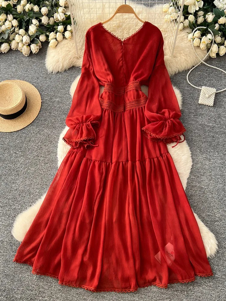 Elegant French V-Neck Waist-Cinching Maxi Dress for Women