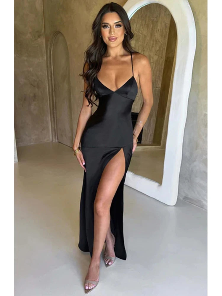 Elegant Backless Satin Maxi Dress With Lace Up For Women