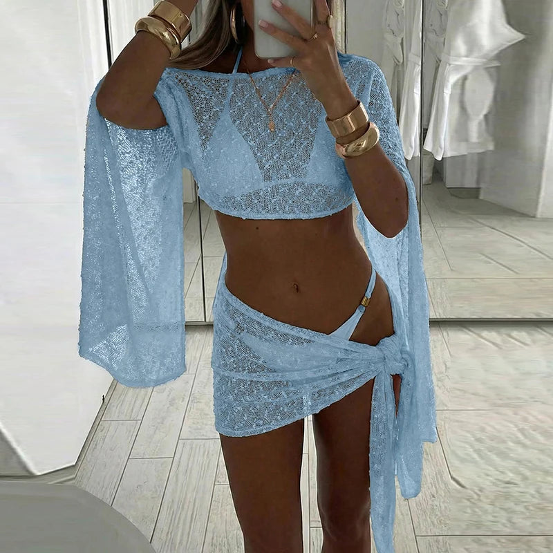Asymmetrical Cloak Top And Skirt Bikini Set for Women