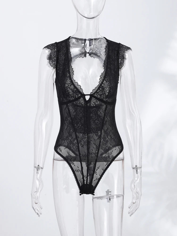 Black Backless Lace V Neck Sleeveless Bodysuit for Women