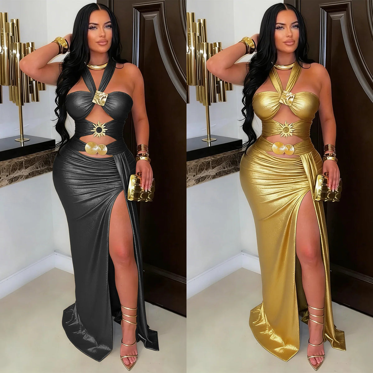 Sleeveless Halter Backless Slit Bodycon Maxi Dress for Women