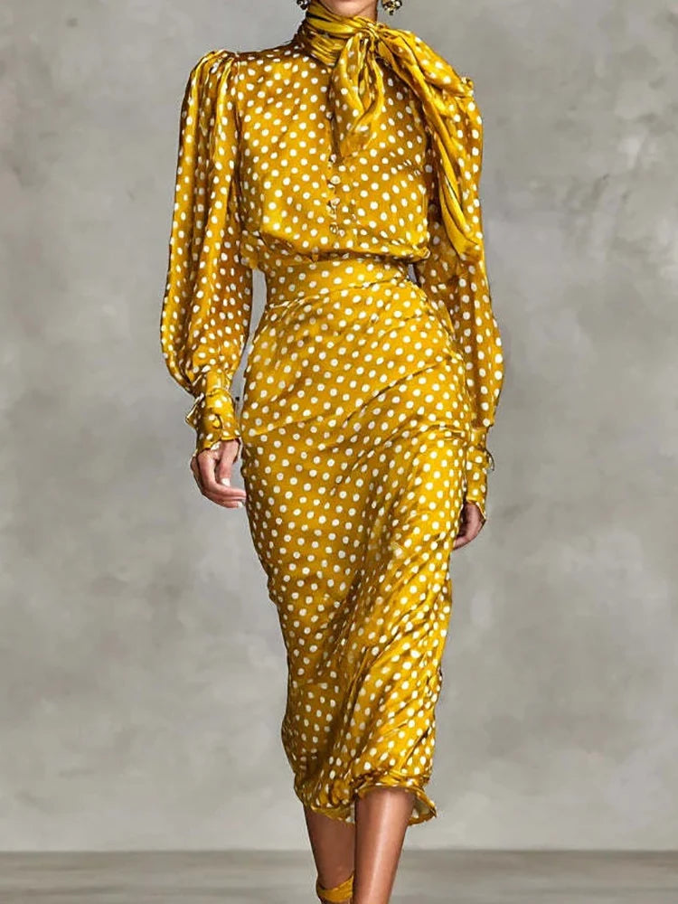 Elegant Polka Dot Long Sleeve Two Piece Skirt Set for Women