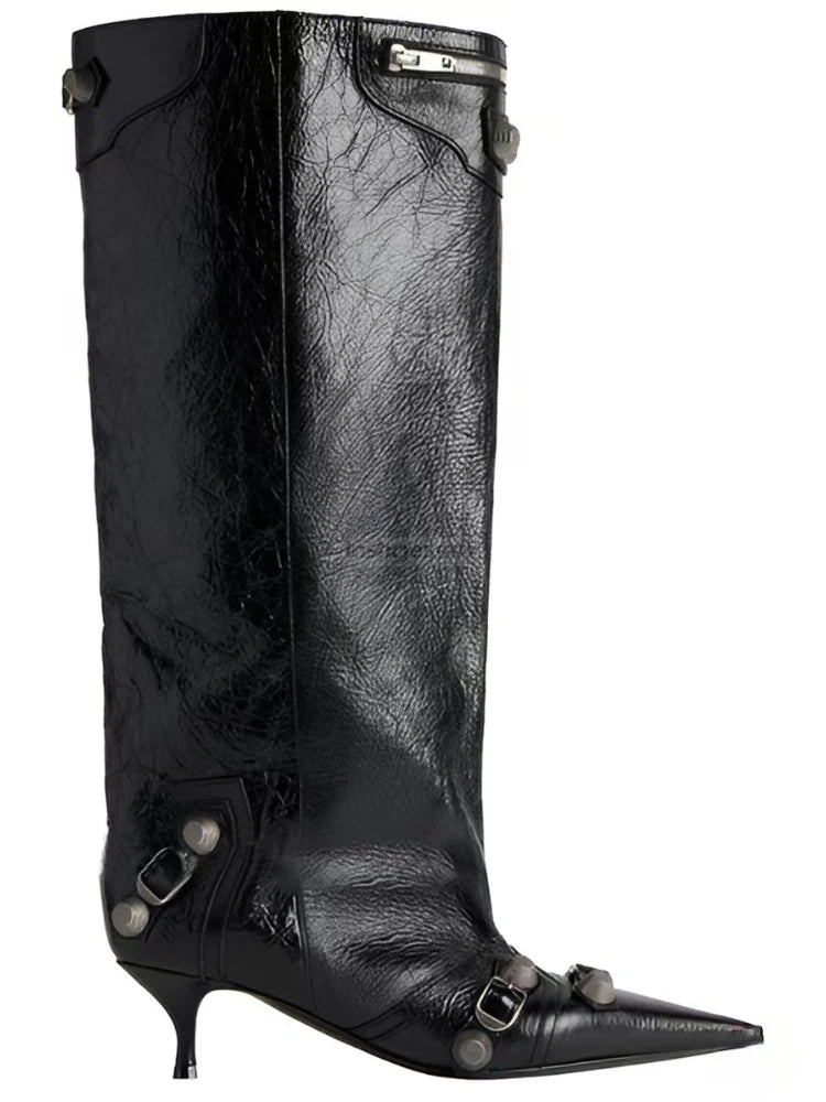 Punk Style Knee-High Rivet Detail Motorcycle Boots for Women