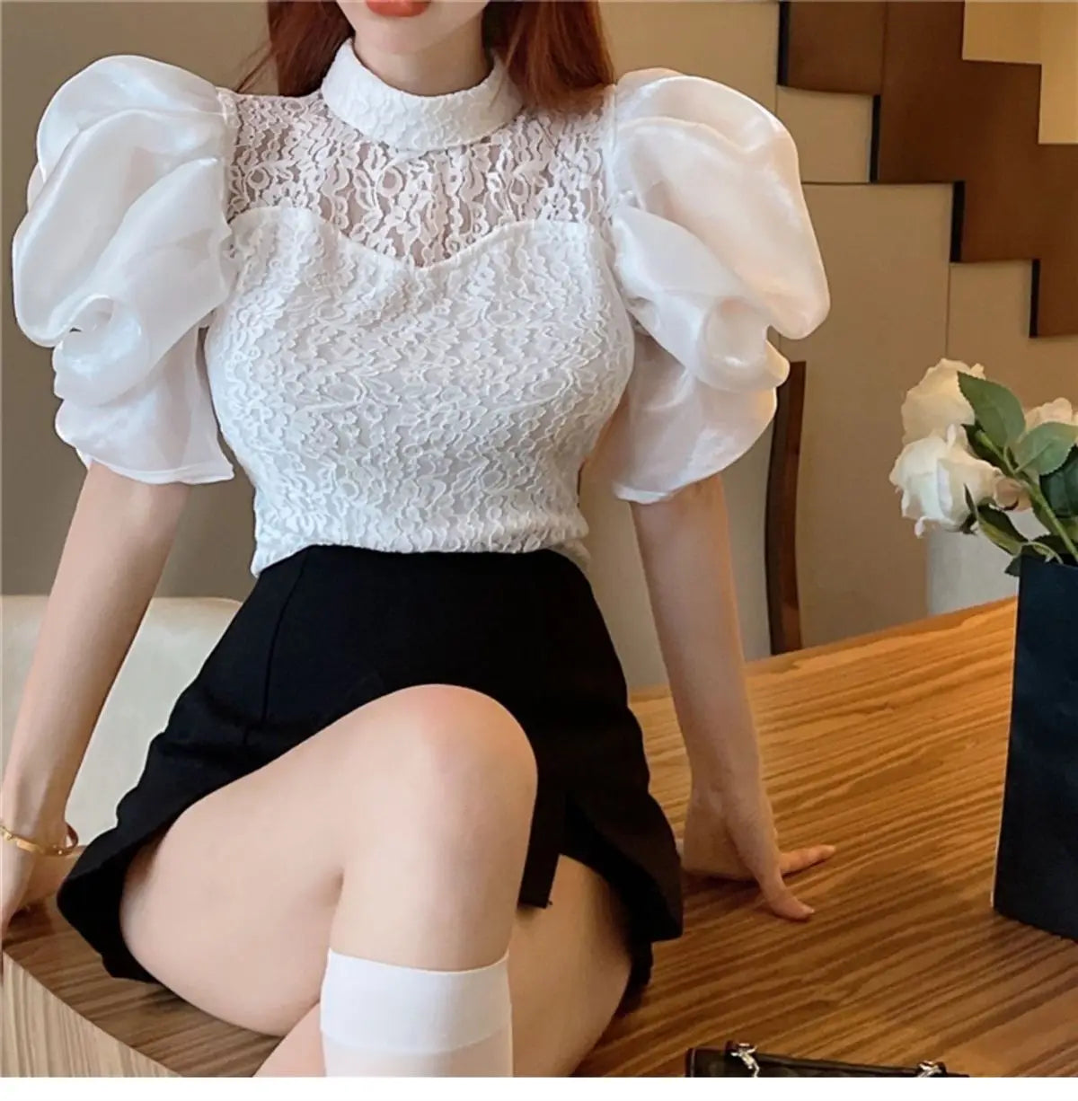 Korean V-Neck Bubble Sleeve Irregular Pleated Top for Women
