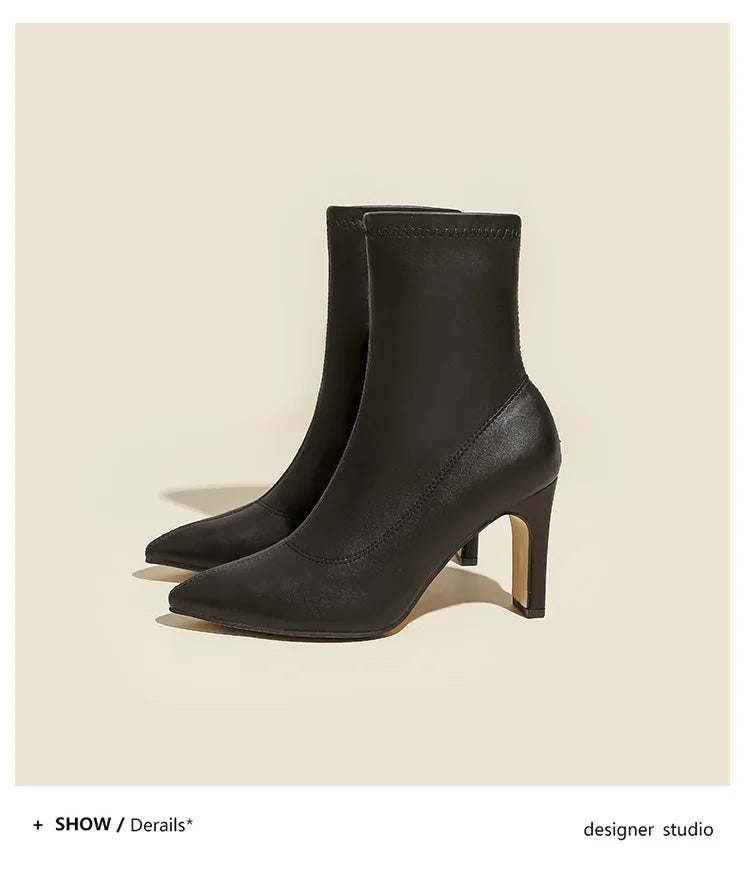 Pointed Leather High Heel Ankle Boots
